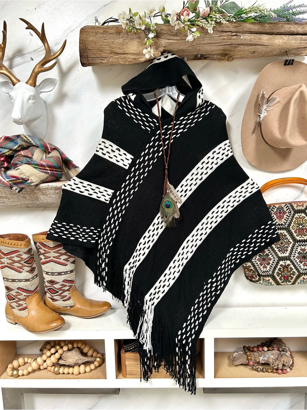 Fringe monochromatic Black & White Hooded cozy boho Poncho w southwestern vibe